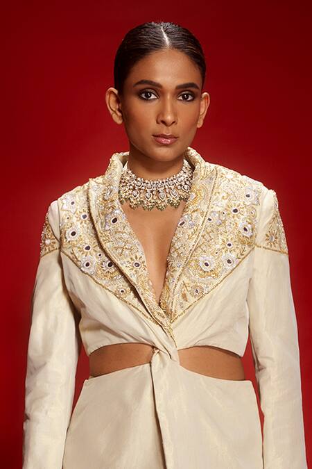 Buy Krisha Sunny Ramani Ivory Tissue Sequins, Zari, Mirrors, Cut Work Embroidered Blazer And Pant Set Online at Aza Fashions Buy_Krisha Sunny Ramani_Ivory Tissue Sequins, Zari, Mirrors, Cut Work Embroidered Blazer And Pant Set _Online_at_Aza_Fashions
