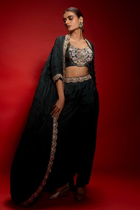 Buy Krisha Sunny Ramani Green Silk Sequins, Cut Work, Mirrors, Zari, Beads Embroidered Cape Pant Set Online at Aza Fashions Buy_Krisha Sunny Ramani_Green Silk Sequins, Cut Work, Mirrors, Zari, Beads Embroidered Cape Pant Set _Online_at_Aza_Fashions