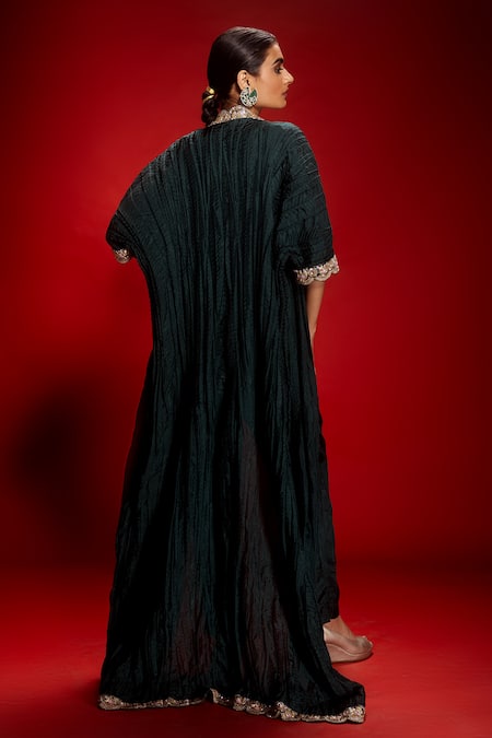 Shop Krisha Sunny Ramani Green Silk Sequins, Cut Work, Mirrors, Zari, Beads Embroidered Cape Pant Set at Aza Fashions Shop_Krisha Sunny Ramani_Green Silk Sequins, Cut Work, Mirrors, Zari, Beads Embroidered Cape Pant Set _at_Aza_Fashions