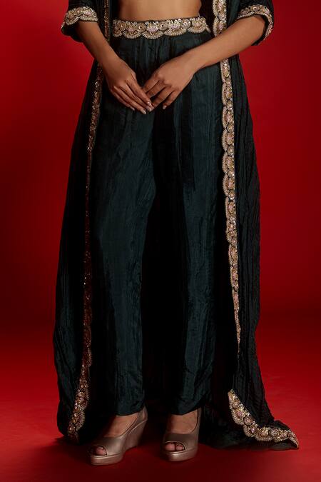 Shop Krisha Sunny Ramani Green Silk Sequins, Cut Work, Mirrors, Zari, Beads Embroidered Cape Pant Set Online at Aza Fashions Shop_Krisha Sunny Ramani_Green Silk Sequins, Cut Work, Mirrors, Zari, Beads Embroidered Cape Pant Set _Online_at_Aza_Fashions