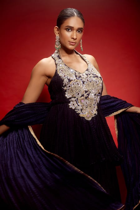 Shop Krisha Sunny Ramani Purple Silk, Crepe Beads, Sequins, Mirrors Halter Embroidered Kurta Sharara Set Online at Aza Fashions Shop_Krisha Sunny Ramani_Purple Silk, Crepe Beads, Sequins, Mirrors Halter Embroidered Kurta Sharara Set _Online_at_Aza_Fashions