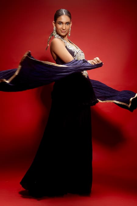 Krisha Sunny Ramani Purple Silk, Crepe Beads, Sequins, Mirrors Halter Embroidered Kurta Sharara Set at Aza Fashions Krisha Sunny Ramani_Purple Silk, Crepe Beads, Sequins, Mirrors Halter Embroidered Kurta Sharara Set _at_Aza_Fashions