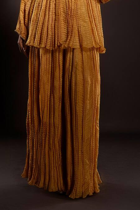 Krisha Sunny Ramani_Yellow Silk Cut Work, Sequins, Mirrors, Embroidered Peplum Kurta And Sharara Set _Online_at_Aza_Fashions