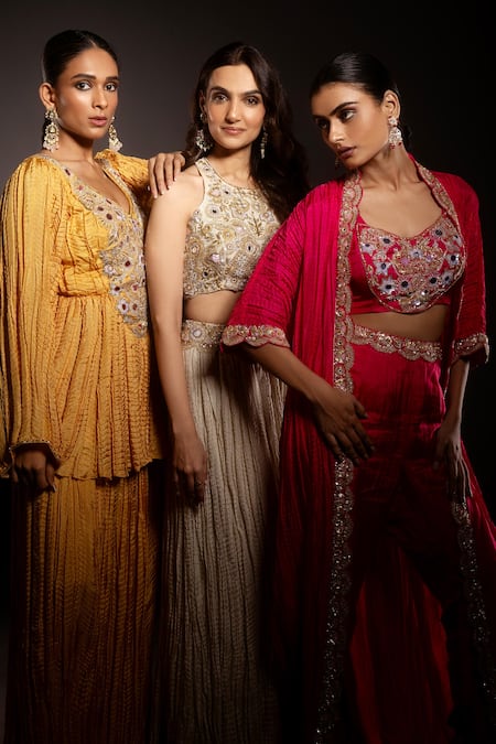 Buy_Krisha Sunny Ramani_Yellow Silk Cut Work, Sequins, Mirrors, Embroidered Peplum Kurta And Sharara Set _Online_at_Aza_Fashions