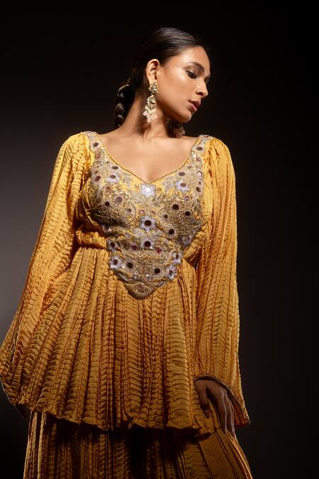 Shop_Krisha Sunny Ramani_Yellow Silk Cut Work, Sequins, Mirrors, Embroidered Peplum Kurta And Sharara Set _Online_at_Aza_Fashions