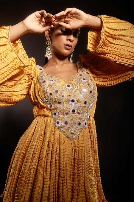 Krisha Sunny Ramani_Yellow Silk Cut Work, Sequins, Mirrors, Embroidered Peplum Kurta And Sharara Set _at_Aza_Fashions