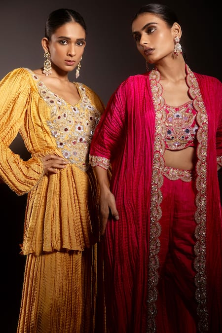 Buy_Krisha Sunny Ramani_Yellow Silk Cut Work, Sequins, Mirrors, Embroidered Peplum Kurta And Sharara Set 