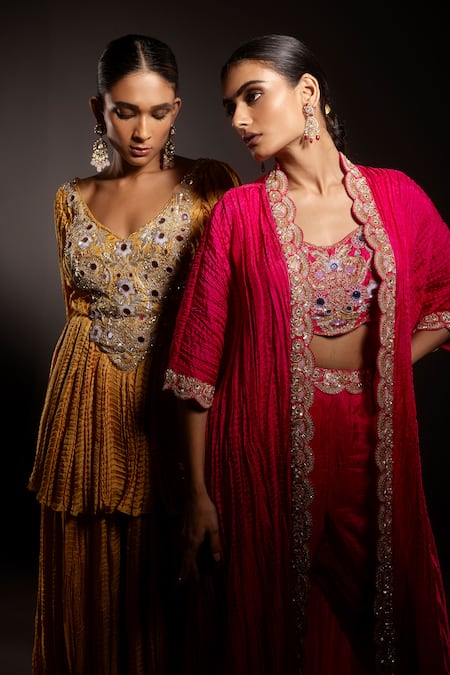 Shop_Krisha Sunny Ramani_Yellow Silk Cut Work, Sequins, Mirrors, Embroidered Peplum Kurta And Sharara Set 