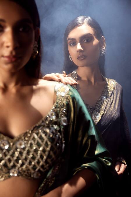 Buy Krisha Sunny Ramani Green Satin, Georgette Beads, Cutdana Embroidered Pre-draped Saree And Blouse Online at Aza Fashions Buy_Krisha Sunny Ramani_Green Satin, Georgette Beads, Cutdana Embroidered Pre-draped Saree And Blouse _Online_at_Aza_Fashions