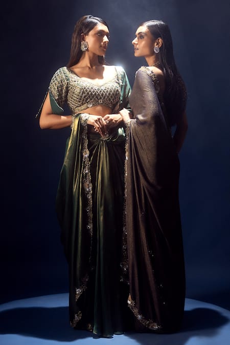 Shop Krisha Sunny Ramani Green Satin, Georgette Beads, Cutdana Embroidered Pre-draped Saree And Blouse Online at Aza Fashions Shop_Krisha Sunny Ramani_Green Satin, Georgette Beads, Cutdana Embroidered Pre-draped Saree And Blouse _Online_at_Aza_Fashions