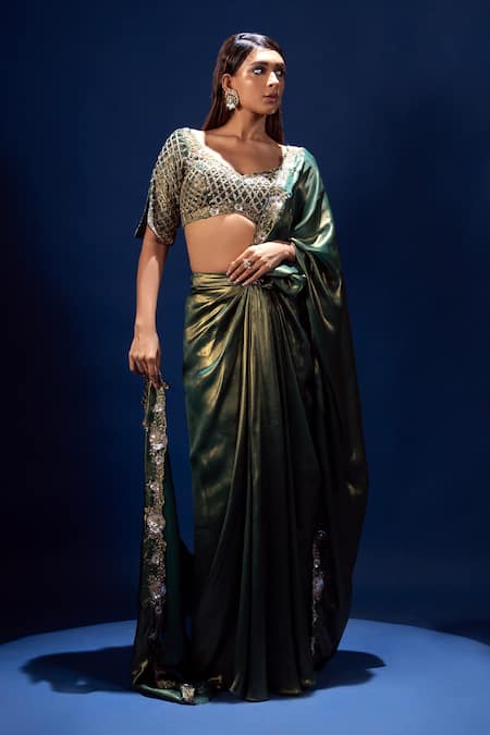 Krisha Sunny Ramani Green Satin, Georgette Beads, Cutdana Embroidered Pre-draped Saree And Blouse at Aza Fashions Krisha Sunny Ramani_Green Satin, Georgette Beads, Cutdana Embroidered Pre-draped Saree And Blouse _at_Aza_Fashions