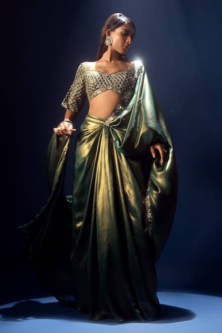 Buy Krisha Sunny Ramani Green Satin, Georgette Beads, Cutdana Embroidered Pre-draped Saree And Blouse Buy_Krisha Sunny Ramani_Green Satin, Georgette Beads, Cutdana Embroidered Pre-draped Saree And Blouse