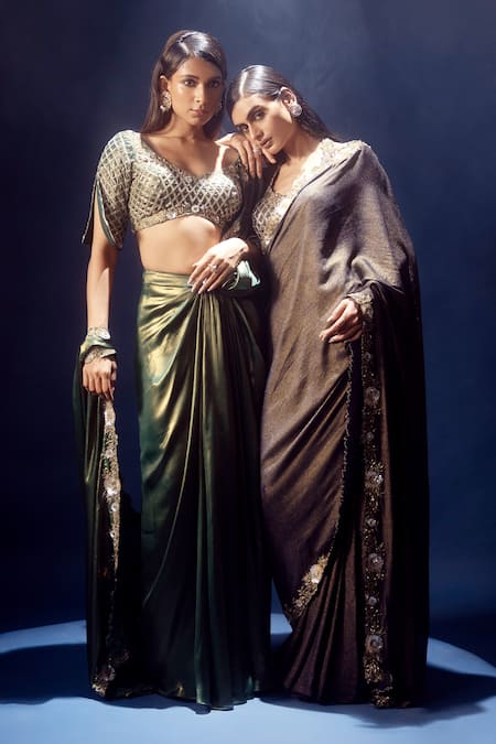 Shop Krisha Sunny Ramani Green Satin, Georgette Beads, Cutdana Embroidered Pre-draped Saree And Blouse Shop_Krisha Sunny Ramani_Green Satin, Georgette Beads, Cutdana Embroidered Pre-draped Saree And Blouse