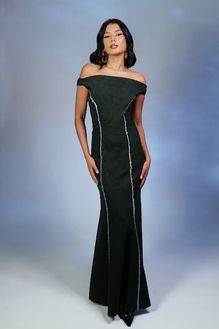 Pocket Stories Green Denim Embroidery Off-shoulder Bottle Off Dress