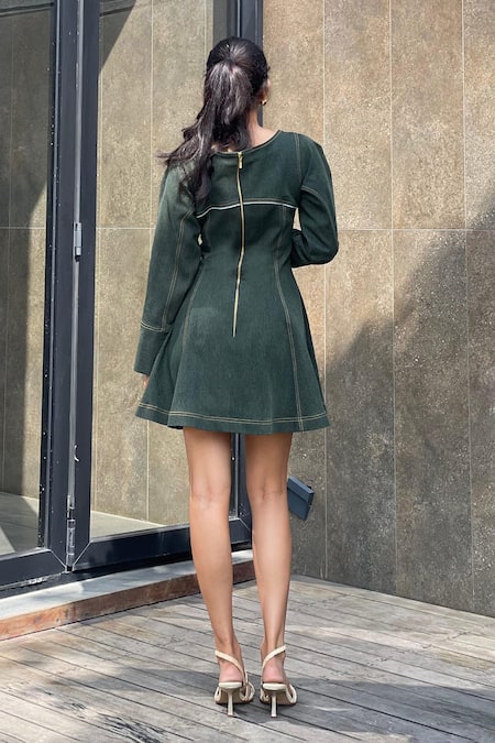 Shop Pocket Stories Green Denim Boat Neck Cinched Embroidered Dress at Aza Fashions Shop_Pocket Stories_Green Denim Boat Neck Cinched Embroidered Dress _at_Aza_Fashions