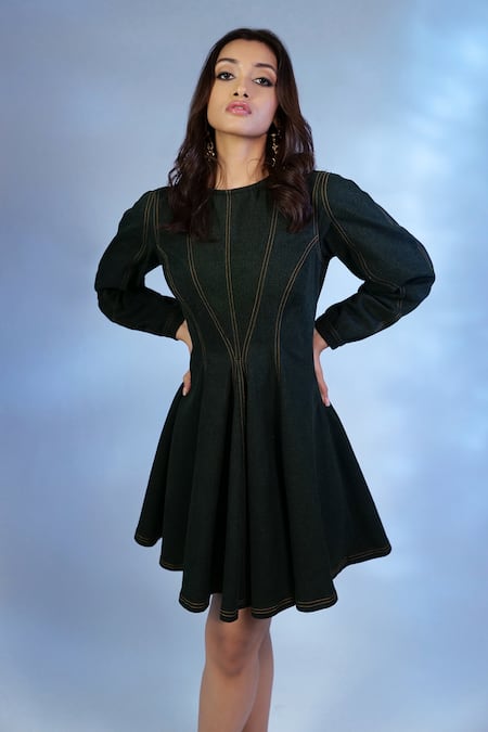 Shop Pocket Stories Green Denim Round Neck Bottle Stitchline Embroidered Dress at Aza Fashions Shop_Pocket Stories_Green Denim Round Neck Bottle Stitchline Embroidered Dress _at_Aza_Fashions