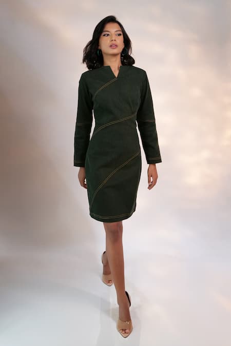 Pocket Stories Green Denim Embroidery V-neck Bottle Stitchline Dress