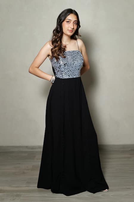 Pocket Stories Black Cotton Sequins Square Neck Embroidered Gown Online at Aza Fashions Pocket Stories_Black Cotton Sequins Square Neck Embroidered Gown _Online_at_Aza_Fashions