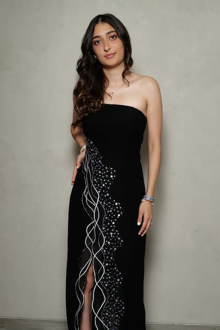 Pocket Stories Black Microfiber Sequins, Embroidery Off-shoulder Gown Online at Aza Fashions Pocket Stories_Black Microfiber Sequins, Embroidery Off-shoulder Gown _Online_at_Aza_Fashions