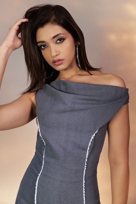 Shop_Pocket Stories_Gray Denim Fringe Asymmetric Grey Dress _at_Aza_Fashions