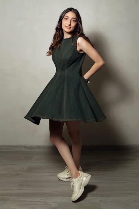 Shop_Pocket Stories_Green Denim Round Neck Bottle Dress With Embroidery _at_Aza_Fashions
