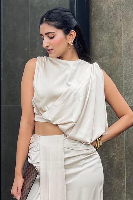 Pocket Stories Beige Satin Boat Neck Draped Top And Pant Set Online at Aza Fashions Pocket Stories_Beige Satin Boat Neck Draped Top And Pant Set _Online_at_Aza_Fashions