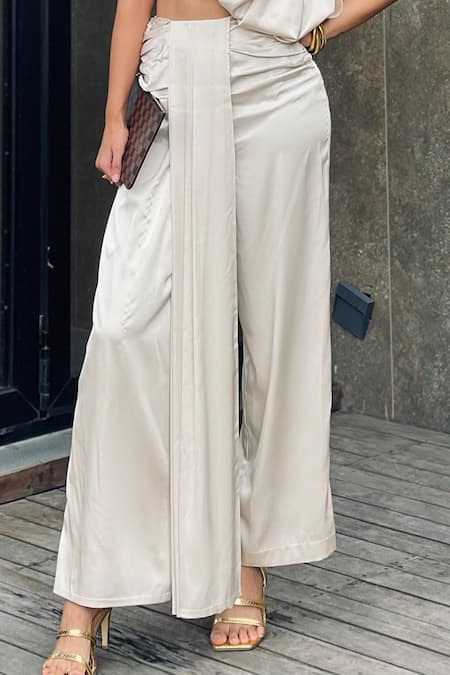 Buy Pocket Stories Beige Satin Boat Neck Draped Top And Pant Set Online at Aza Fashions Buy_Pocket Stories_Beige Satin Boat Neck Draped Top And Pant Set _Online_at_Aza_Fashions