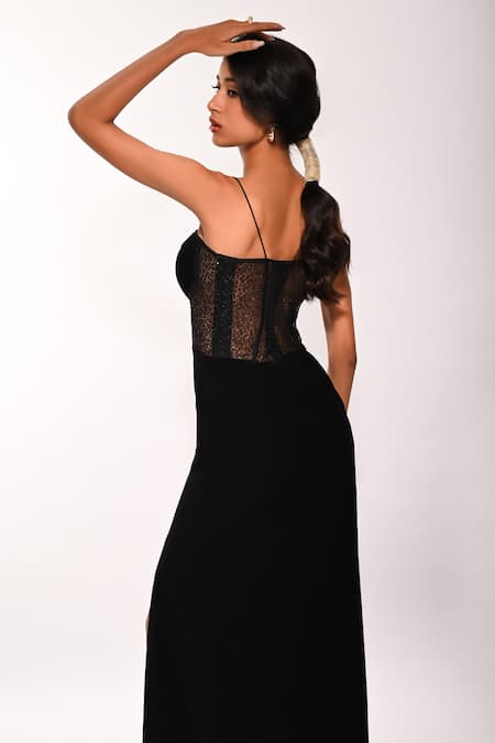 Pocket Stories Black Sequin Embroidered Gown 