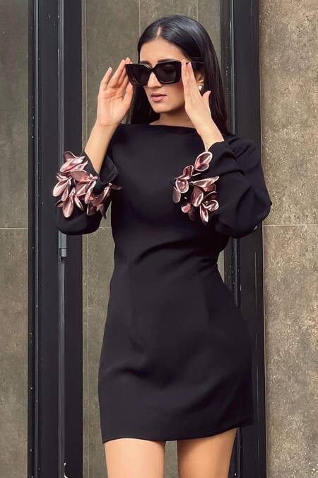 Pocket Stories Black Applique Boat Neck 3d Floral Dress Online at Aza Fashions Pocket Stories_Black Applique Boat Neck 3d Floral Dress _Online_at_Aza_Fashions