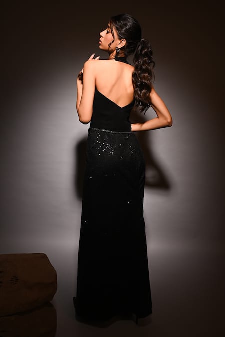 Pocket Stories Black Sequin Embroidered Halter Neck Gown 