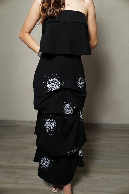 Pocket Stories Black Sequins, Embroidery Open Neck Tiered Waterfall Gown Online at Aza Fashions Pocket Stories_Black Sequins, Embroidery Open Neck Tiered Waterfall Gown _Online_at_Aza_Fashions