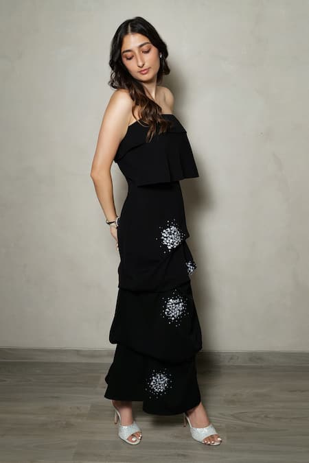 Pocket Stories Black Tiered Waterfall Sequin Gown 