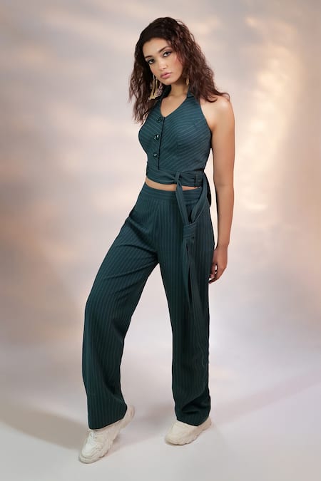 Pocket Stories Bottle Green Pin Striped Vest & Pant Set 