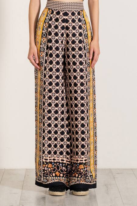 Shop_RANNA GILL_Multi Color Linen Multicolor Geometric Boca Print Flared Pant _Online_at_Aza_Fashions
