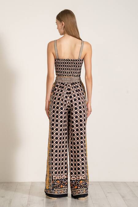 RANNA GILL_Multi Color Linen Multicolor Geometric Boca Print Flared Pant _Online_at_Aza_Fashions