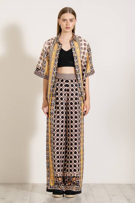 Buy_RANNA GILL_Multi Color Linen Multicolor Geometric Boca Print Flared Pant 