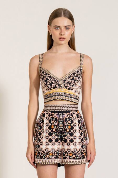 Buy_Ranna Gill_Multi Color Linen V-neck Geometric Print Pleated Bustier _Online_at_Aza_Fashions