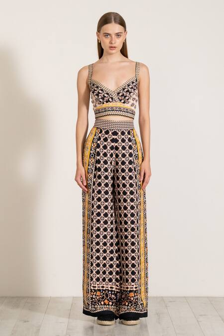 Shop_Ranna Gill_Multi Color Linen V-neck Geometric Print Pleated Bustier _Online_at_Aza_Fashions