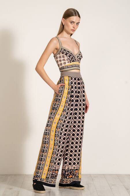Ranna Gill_Multi Color Linen V-neck Geometric Print Pleated Bustier _at_Aza_Fashions