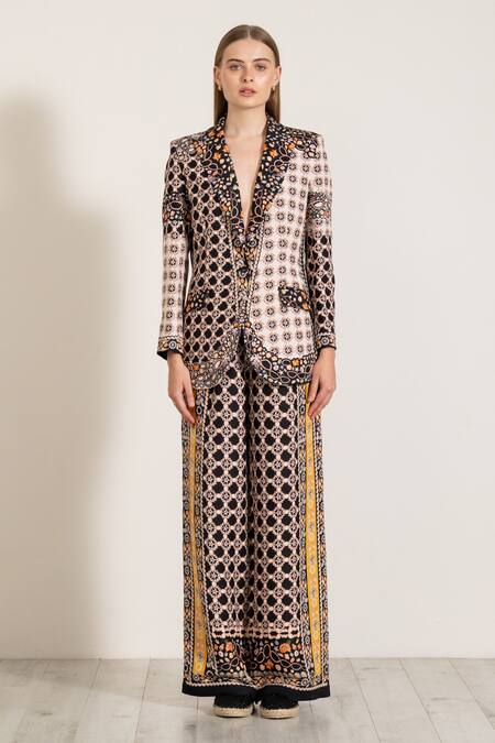 Shop_Ranna Gill_Multi Color Linen Open Neck Multicolor Geometric Boca Print Jacket _Online_at_Aza_Fashions