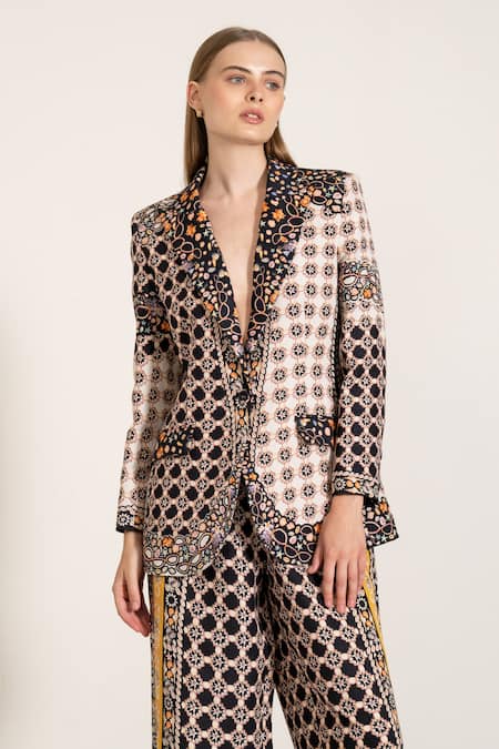 Buy_Ranna Gill_Multi Color Linen Open Neck Multicolor Geometric Boca Print Jacket 