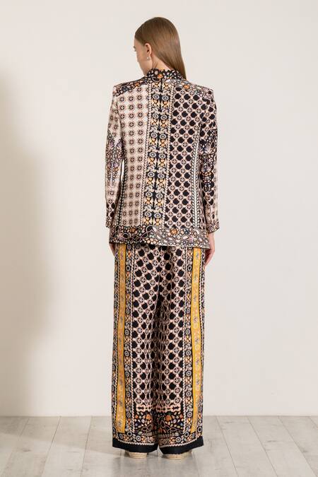 Ranna Gill_Multi Color Linen Open Neck Multicolor Geometric Boca Print Jacket _Online_at_Aza_Fashions