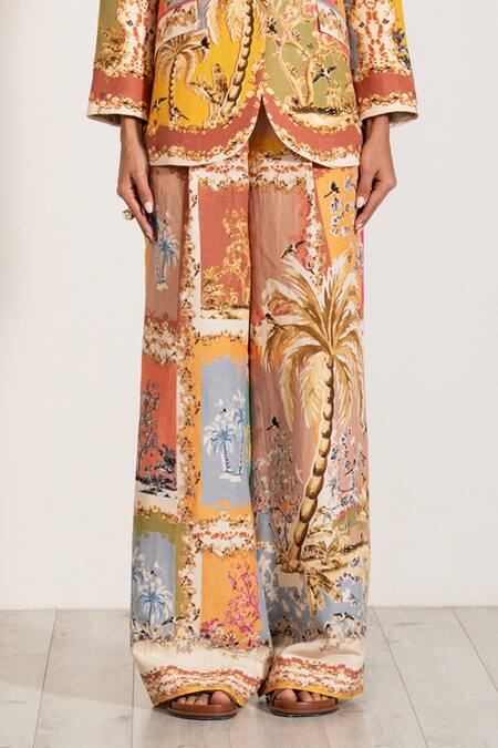 RANNA GILL Multi Color Linen Palm Beach Print Flared Pant Online at Aza Fashions RANNA GILL_Multi Color Linen Palm Beach Print Flared Pant_Online_at_Aza_Fashions