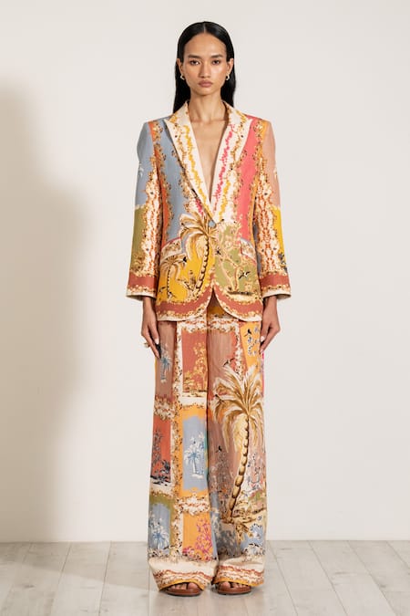 Buy RANNA GILL Multi Color Linen Palm Beach Print Flared Pant Online at Aza Fashions Buy_RANNA GILL_Multi Color Linen Palm Beach Print Flared Pant_Online_at_Aza_Fashions