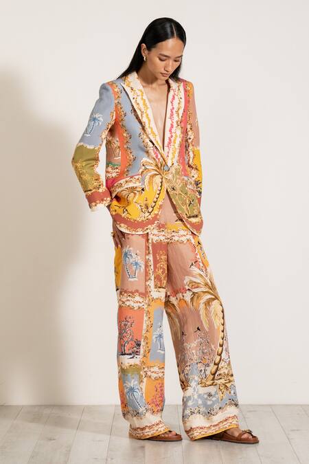 RANNA GILL Multi Color Linen Palm Beach Print Flared Pant at Aza Fashions RANNA GILL_Multi Color Linen Palm Beach Print Flared Pant_at_Aza_Fashions
