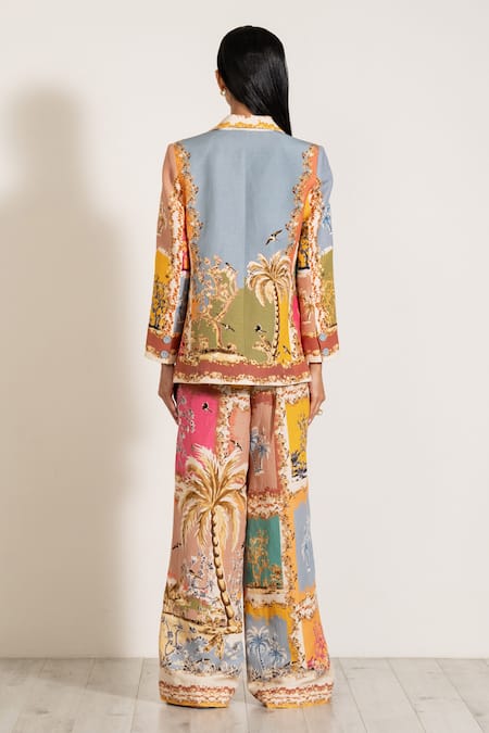 Shop RANNA GILL Multi Color Linen Palm Beach Print Flared Pant at Aza Fashions Shop_RANNA GILL_Multi Color Linen Palm Beach Print Flared Pant_at_Aza_Fashions