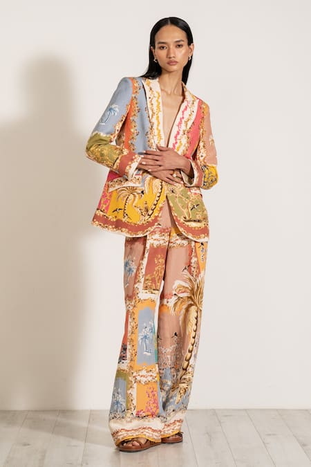 Buy_Ranna Gill_Multi Color Linen V-neck Multicolor Palm Beach Print Jacket _Online_at_Aza_Fashions