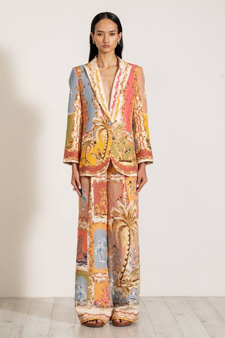 Shop_Ranna Gill_Multi Color Linen V-neck Multicolor Palm Beach Print Jacket _Online_at_Aza_Fashions
