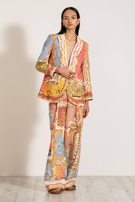 Ranna Gill_Multi Color Linen V-neck Multicolor Palm Beach Print Jacket _at_Aza_Fashions