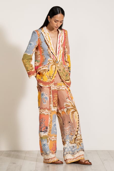 Buy_Ranna Gill_Multi Color Linen V-neck Multicolor Palm Beach Print Jacket 